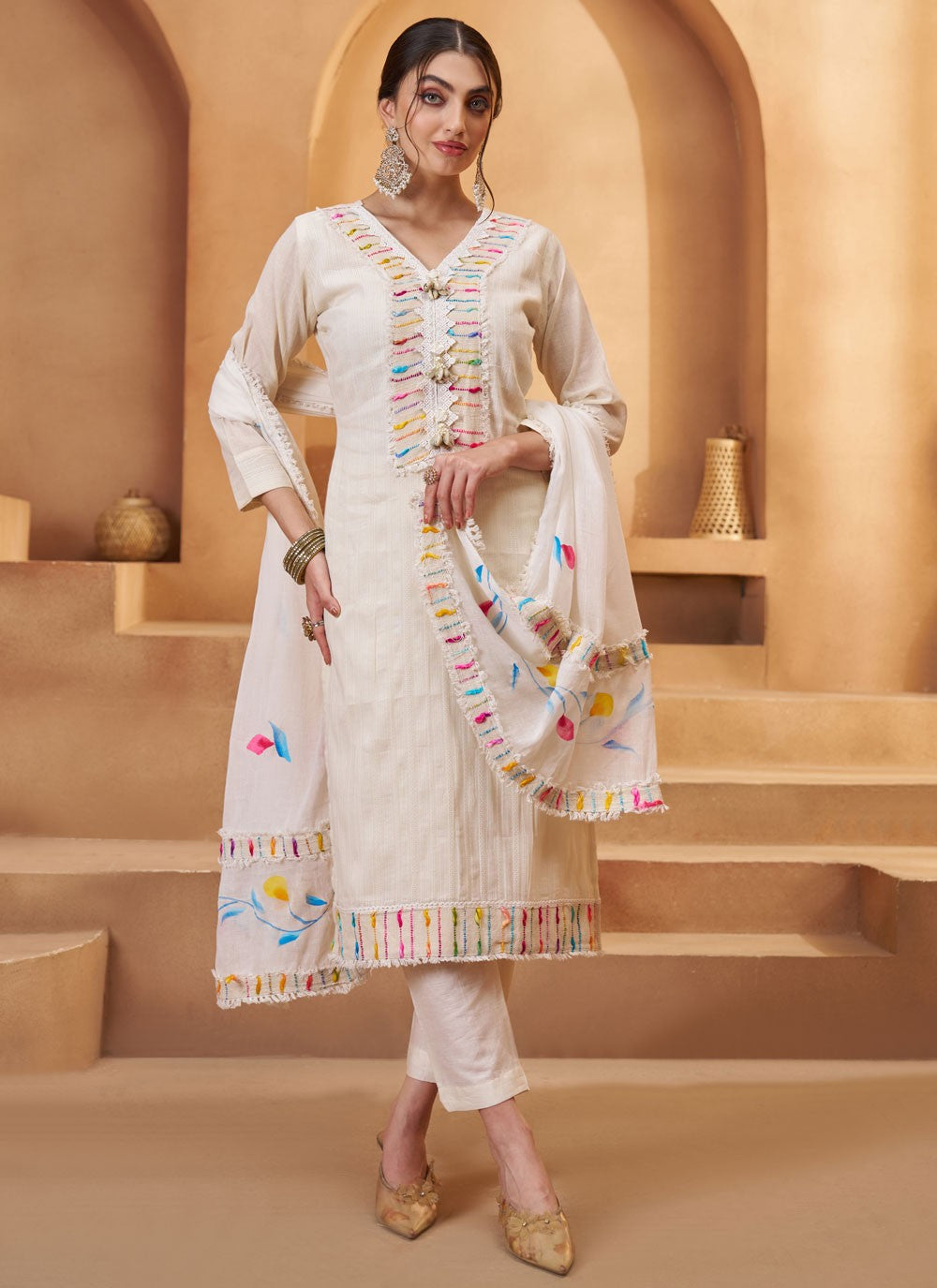 Pant Style Suit Fancy Work, Multi Work, Thread White T7944