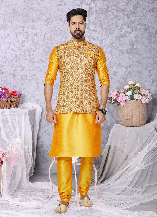 Digital Print Cotton , Dupion Silk Mustard, Yellow Kurta Payjama With Jacket - M5529