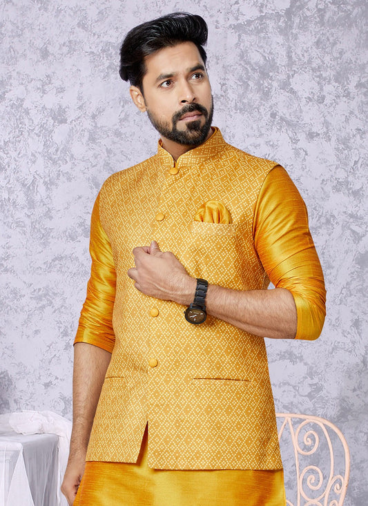 Digital Print Cotton Mustard Nehru Jackets - M7407