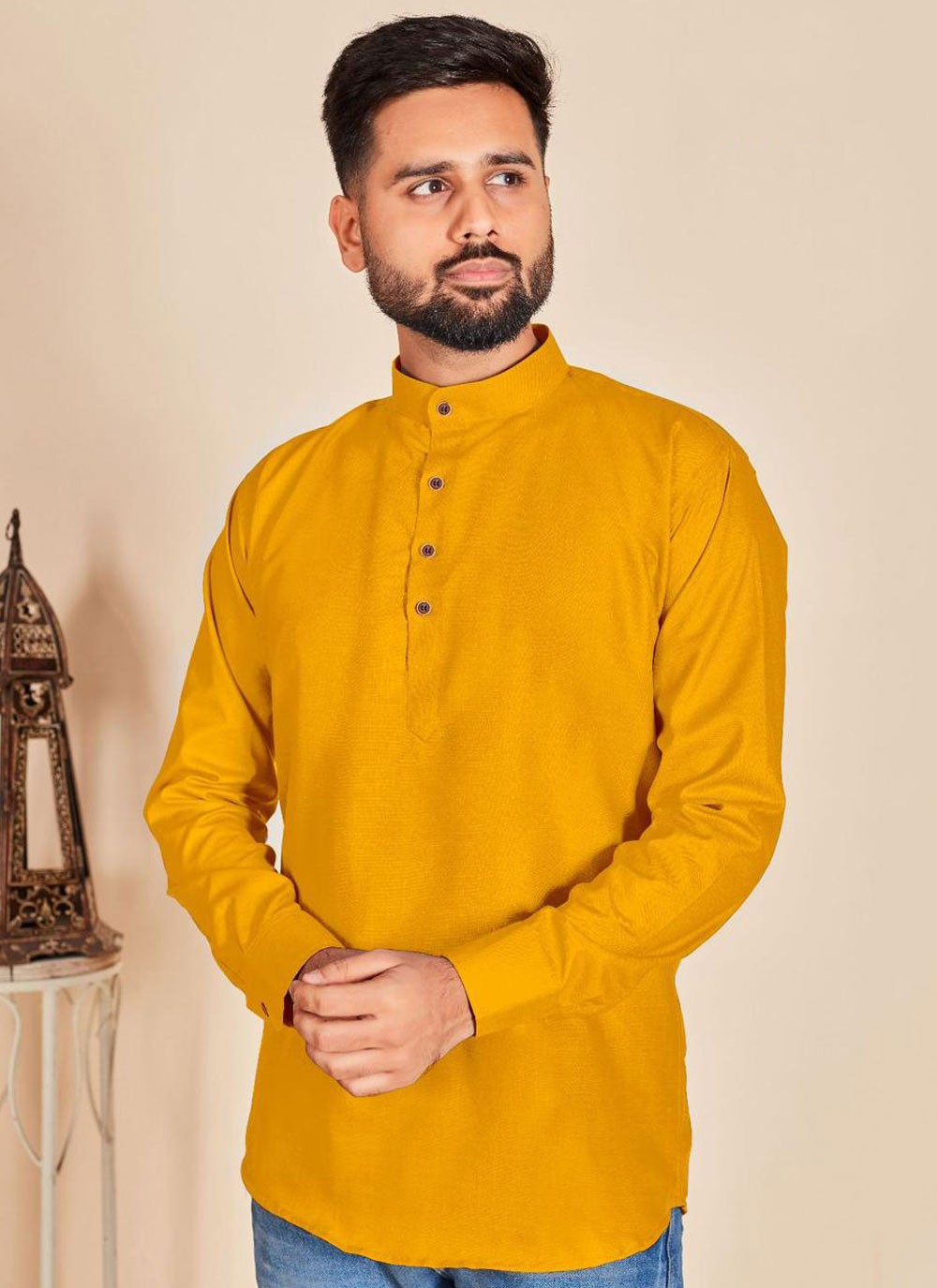 Plain Cotton Mustard Short Kurta - M6783