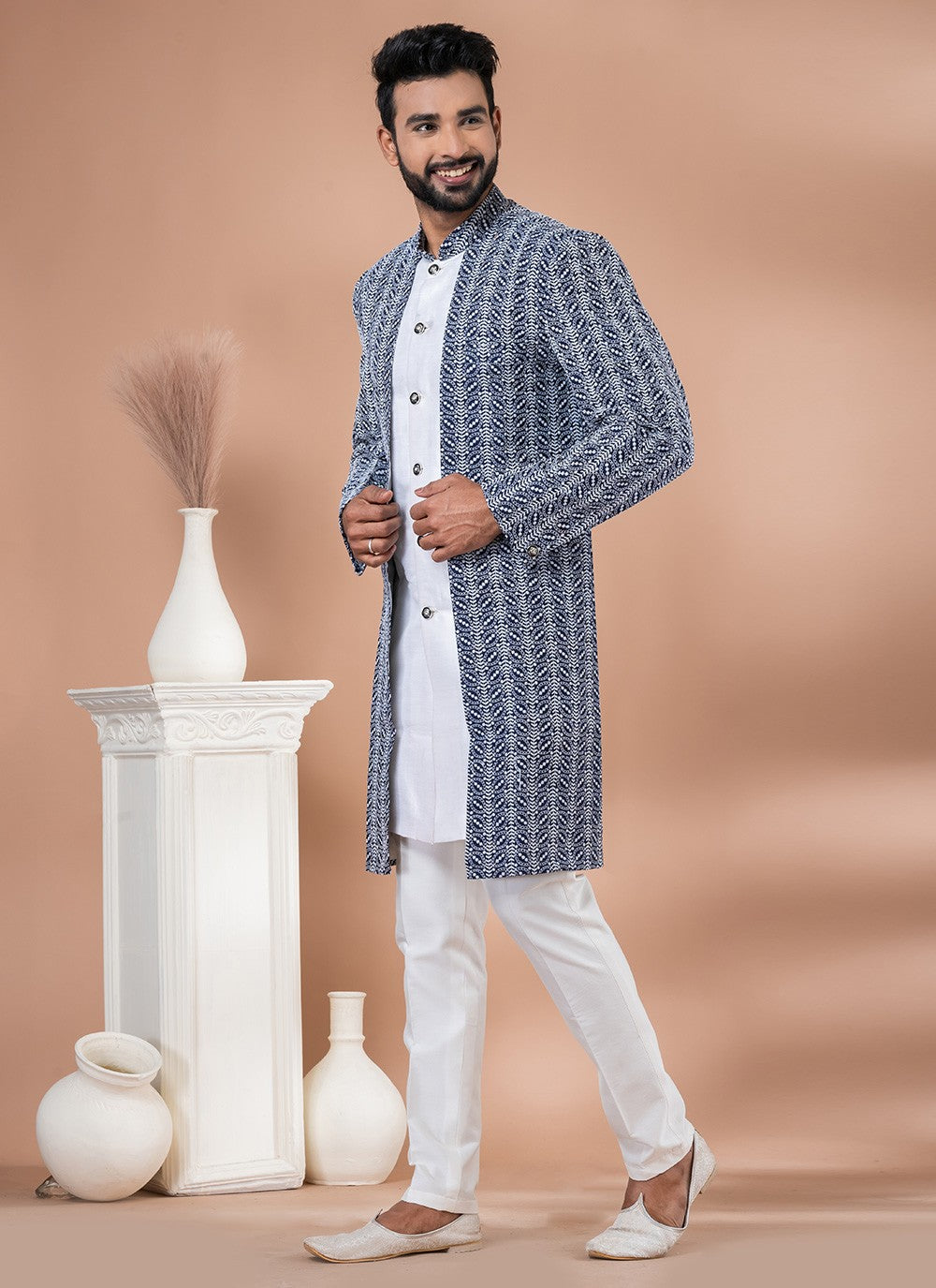 Embroidered Banarasi Silk, Cotton Navy Blue, White Indo Western - M7041