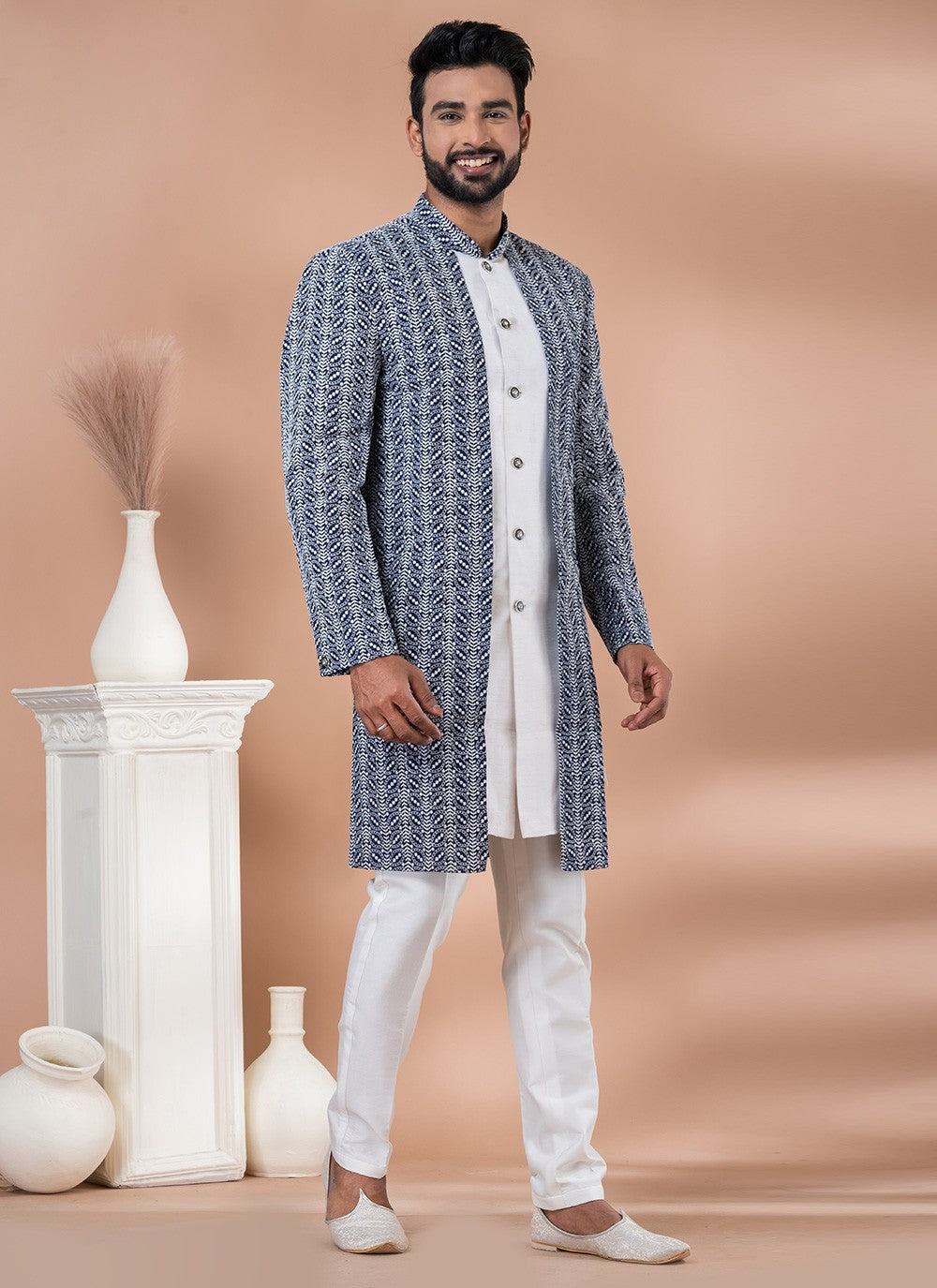 Embroidered Banarasi Silk, Cotton Navy Blue, White Indo Western - M7041