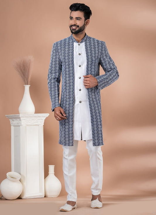 Embroidered Banarasi Silk, Cotton Navy Blue, White Indo Western - M7041