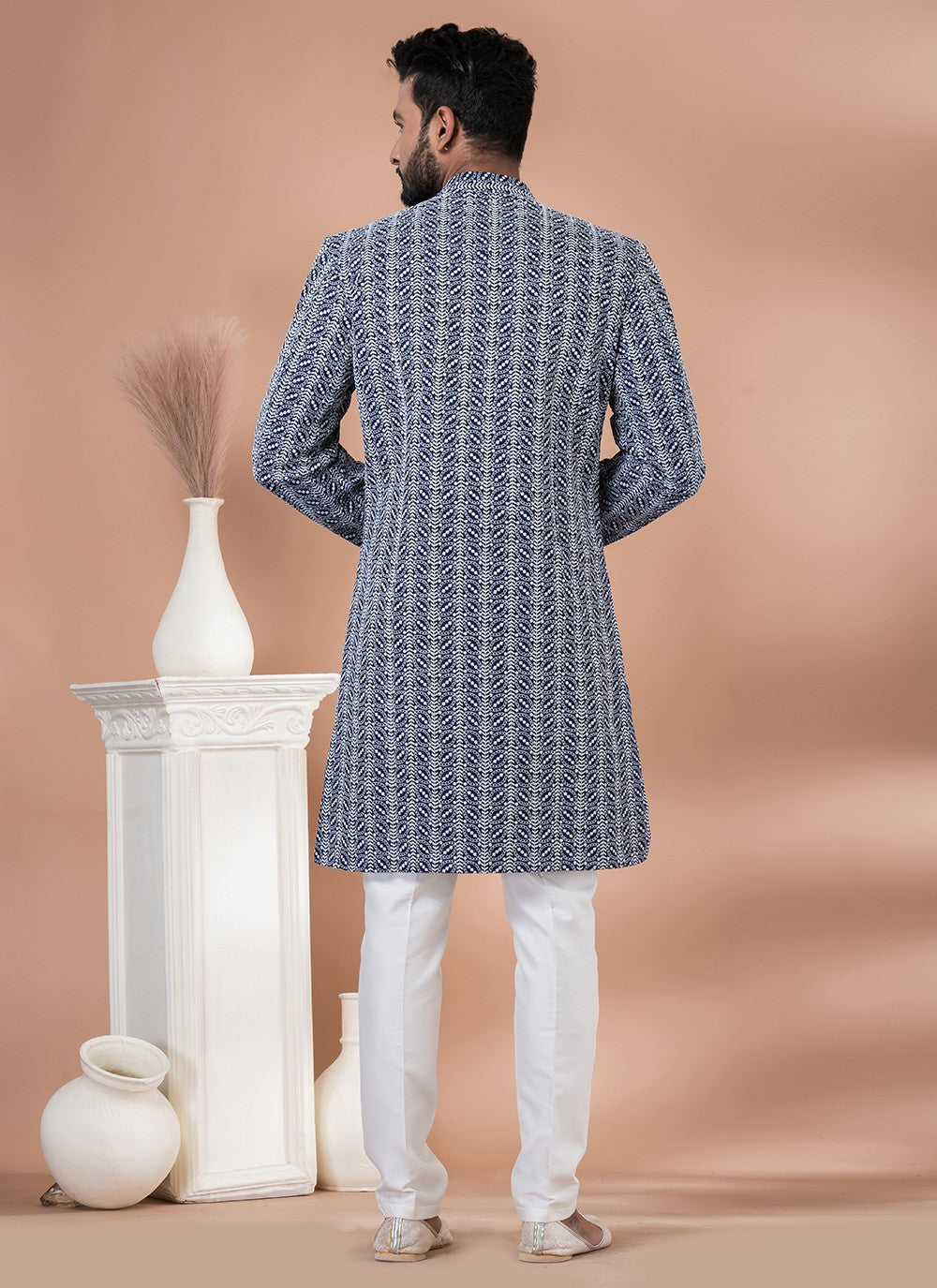 Embroidered Banarasi Silk, Cotton Navy Blue, White Indo Western - M7041