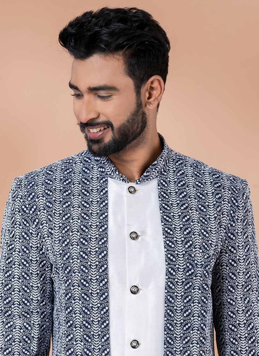 Embroidered Banarasi Silk, Cotton Navy Blue, White Indo Western - M7041
