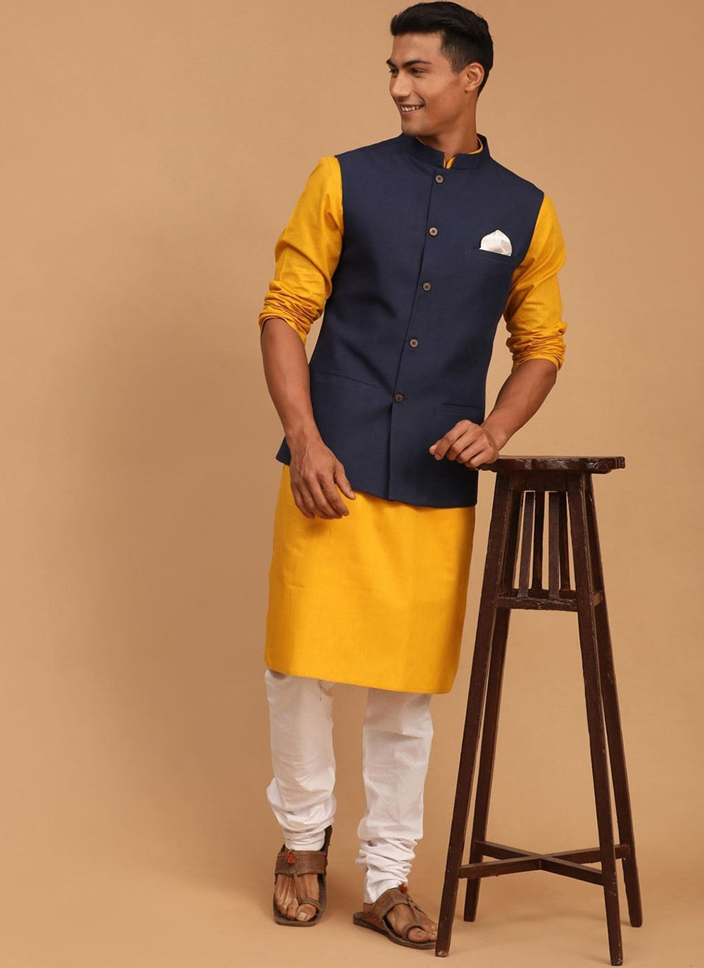 Plain Cotton Navy Blue, Yellow Kurta Payjama With Jacket - M6280