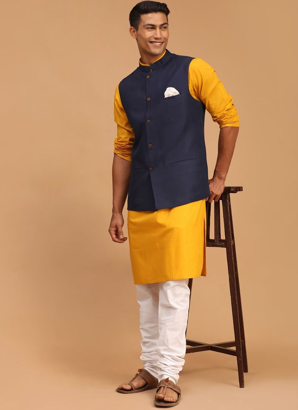 Plain Cotton Navy Blue, Yellow Kurta Payjama With Jacket - M6280