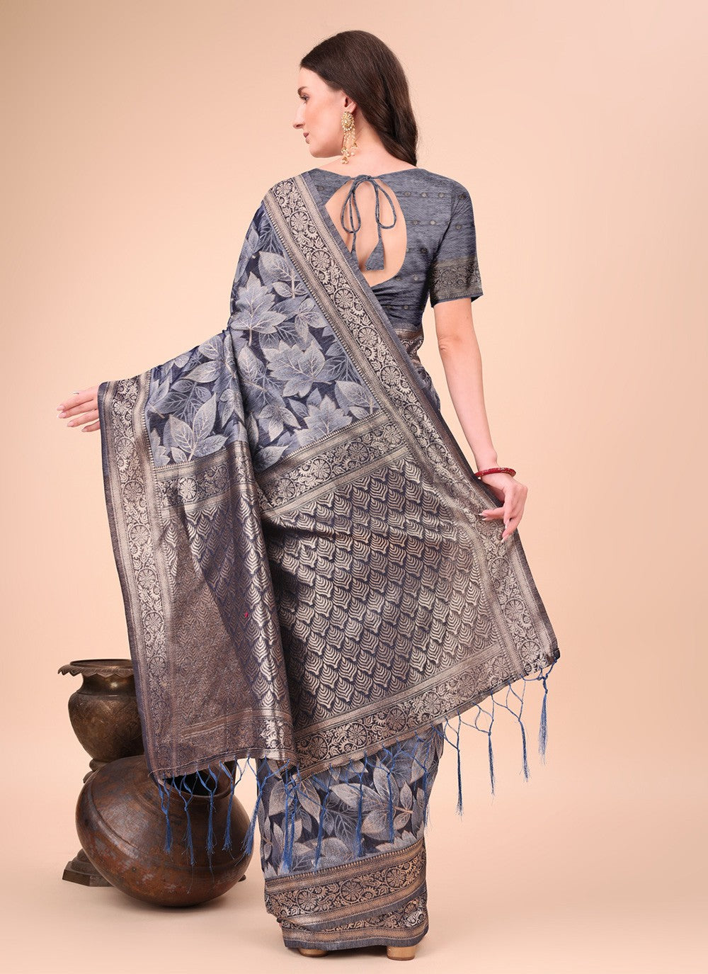 Floral Printed Cotton Navy Blue Classic Saree S15121
