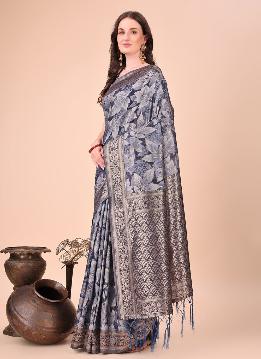 Floral Printed Cotton Navy Blue Classic Saree S15121