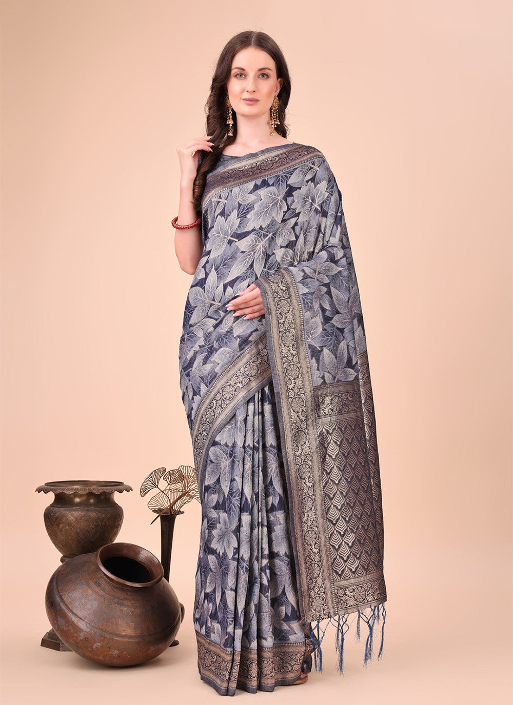 Floral Printed Cotton Navy Blue Classic Saree S15121