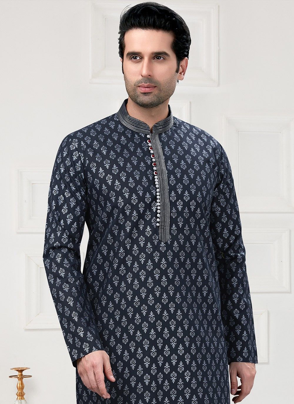 Printed Cotton Navy Blue Kurta Pyjama - M3164