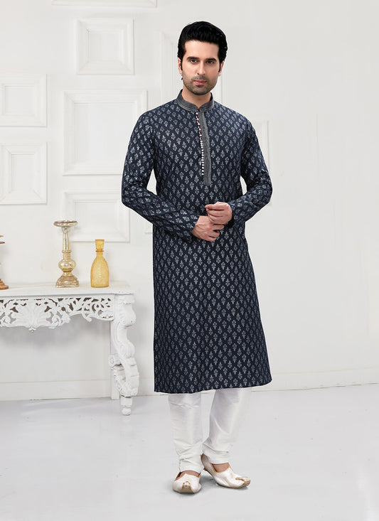 Printed Cotton Navy Blue Kurta Pyjama - M3164