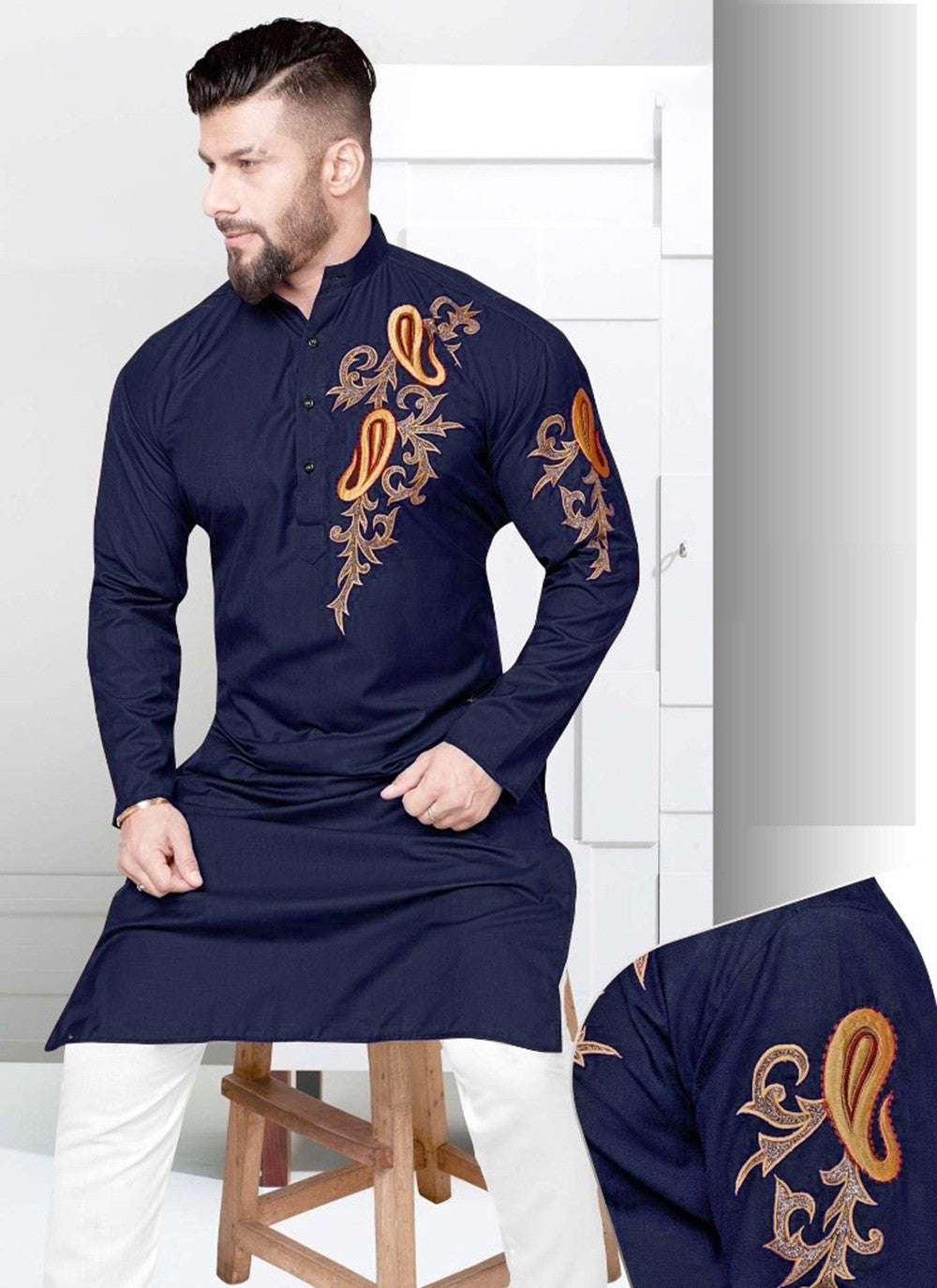 Resham Cotton Navy Blue Kurta - M2255