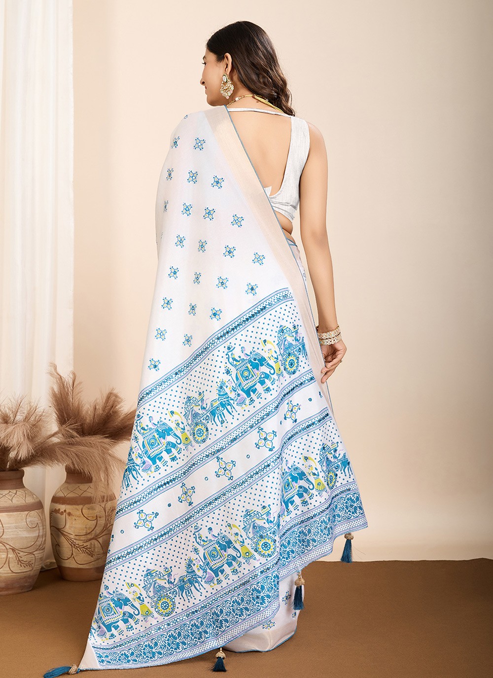 Contemporary Printed Off White Cotton Saree S13631