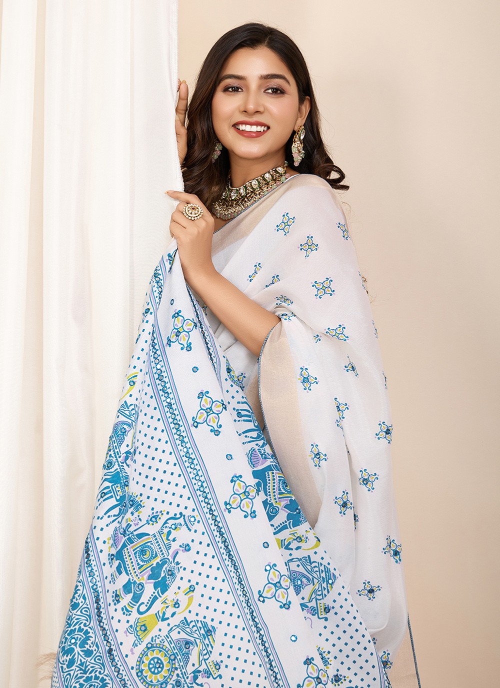 Contemporary Printed Off White Cotton Saree S13631