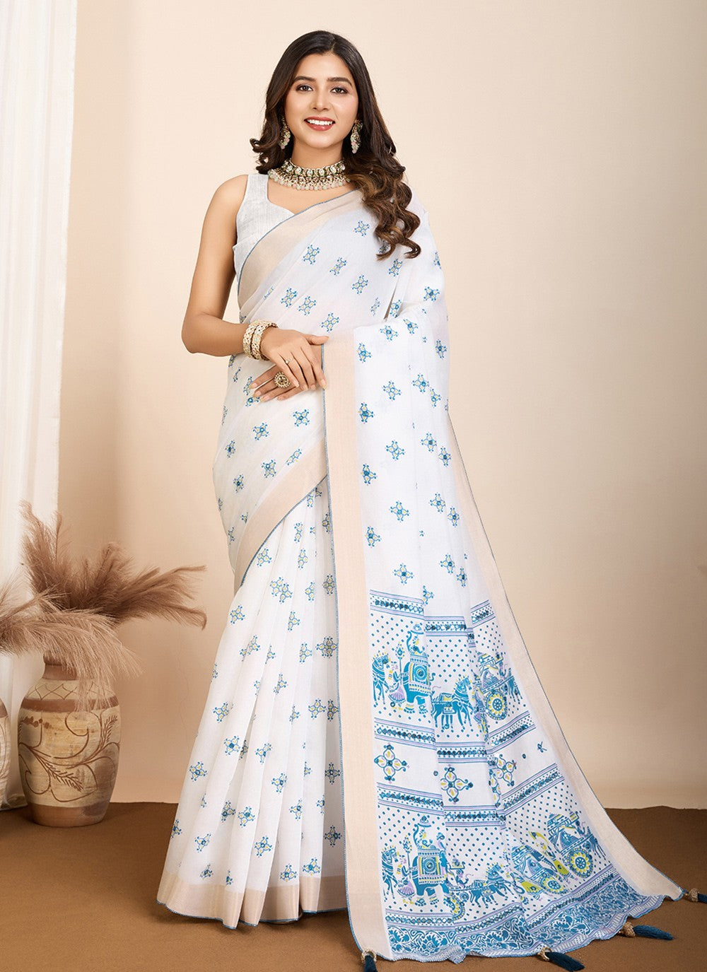 Contemporary Printed Off White Cotton Saree S13631