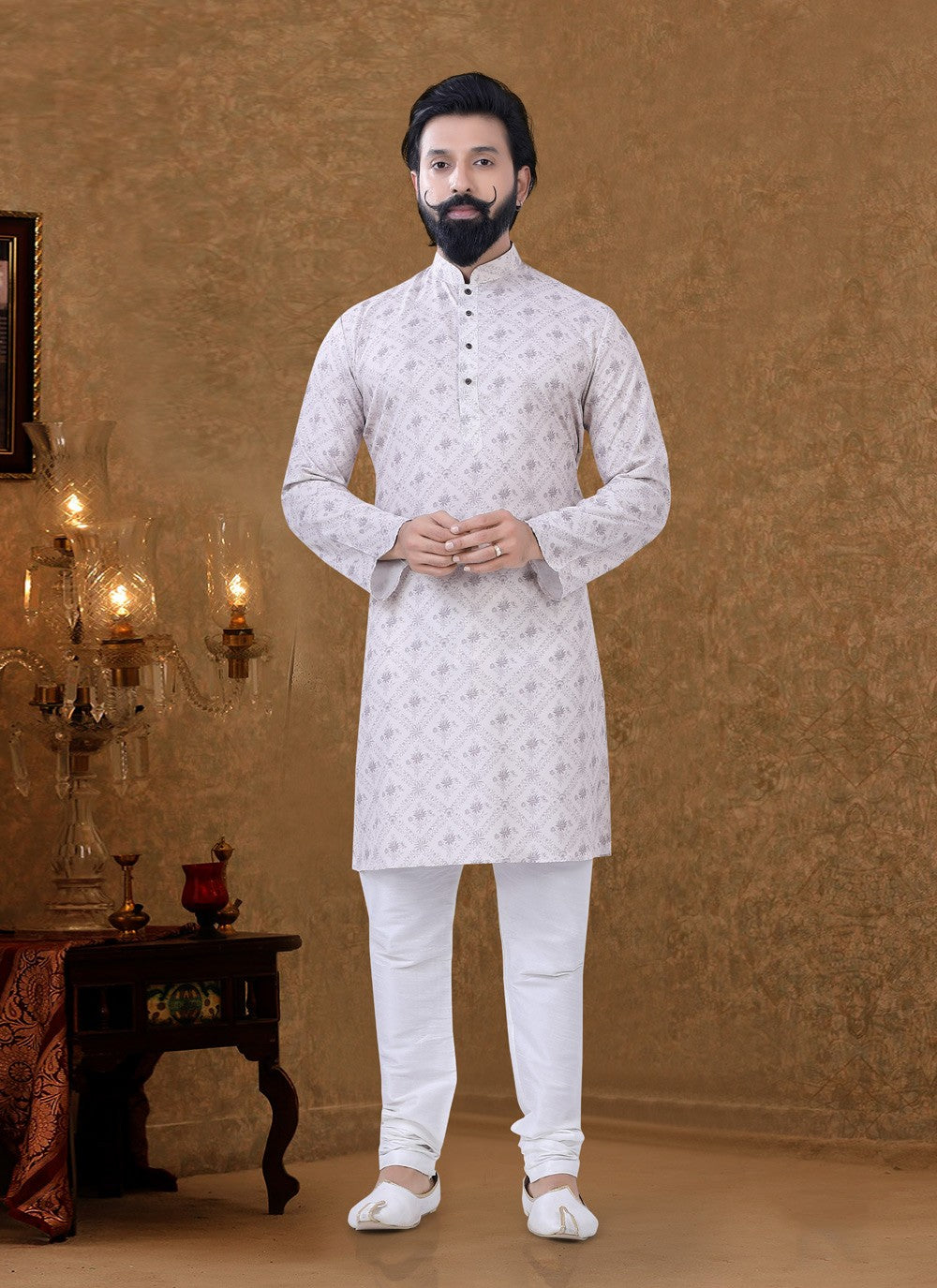 Digital Print Cotton Off White Kurta Pyjama - M3951