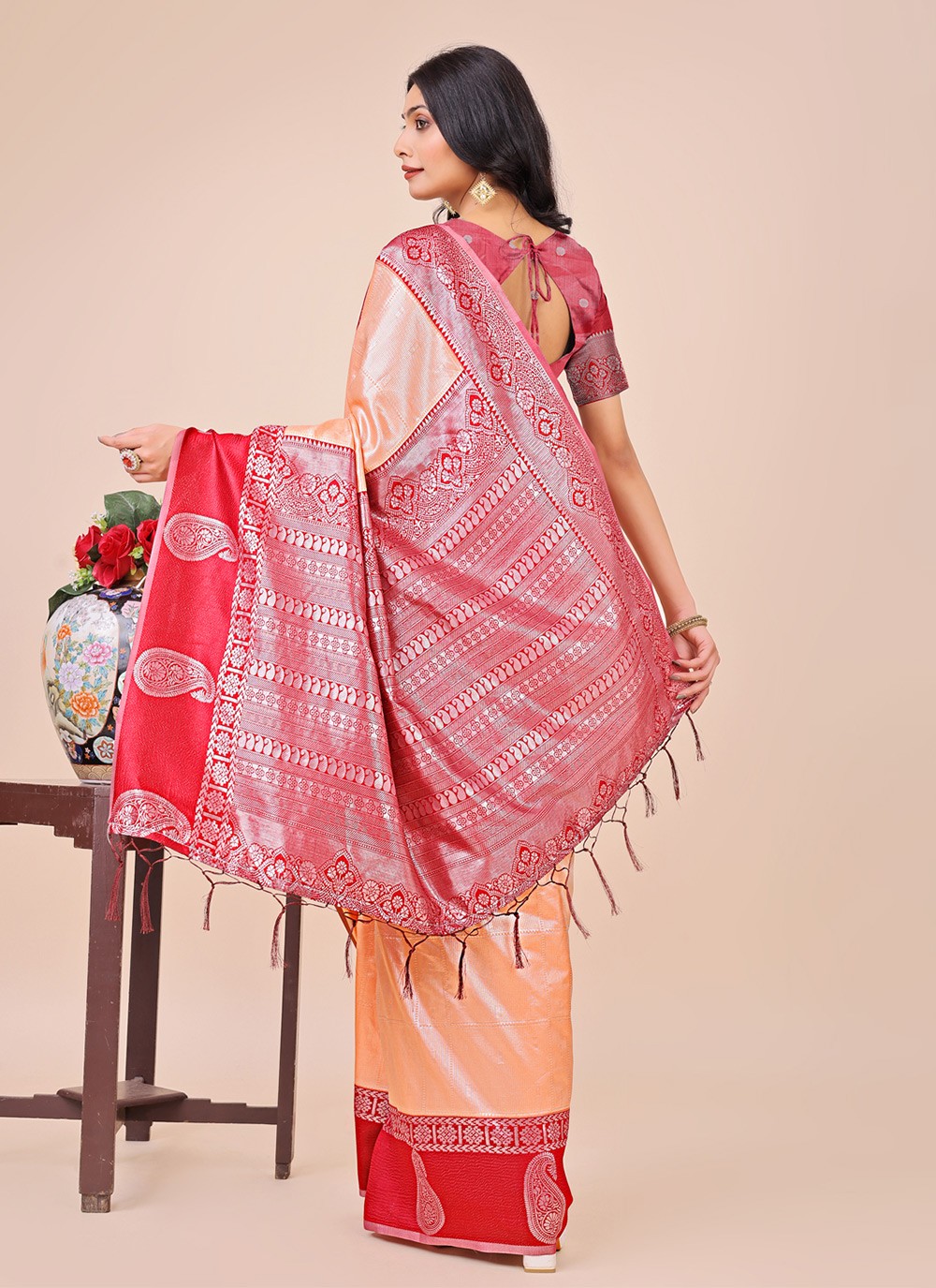 Woven Cotton Peach Contemporary Saree S15182