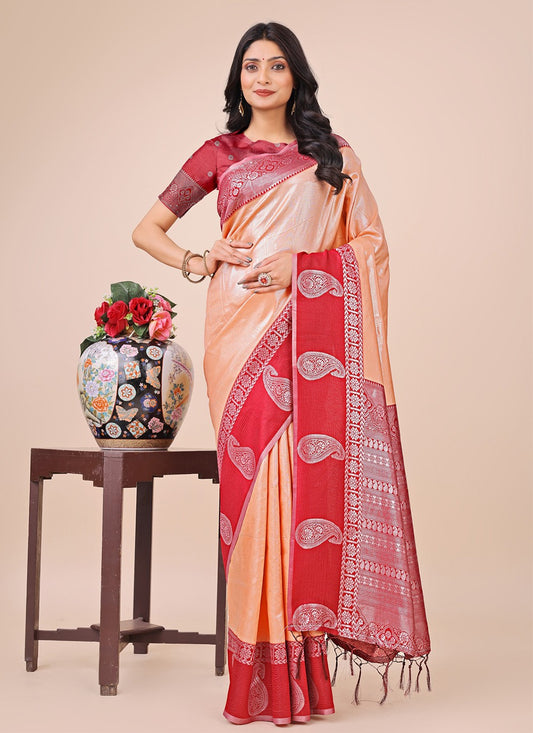 Woven Cotton Peach Contemporary Saree S15182