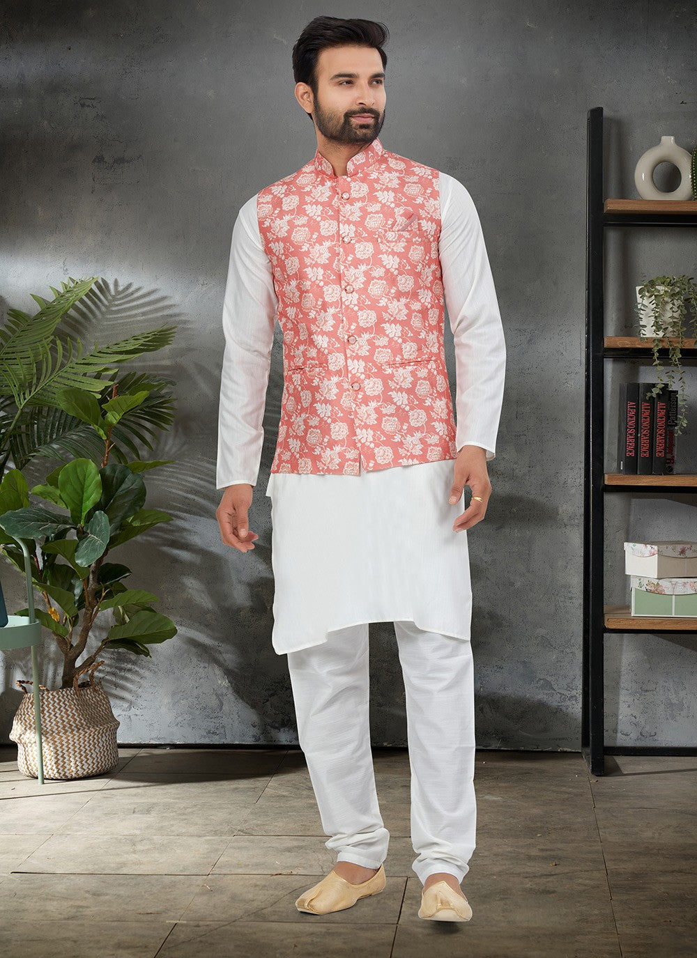 Digital Print Cotton , Silk Pink, White Kurta Payjama With Jacket - M6482