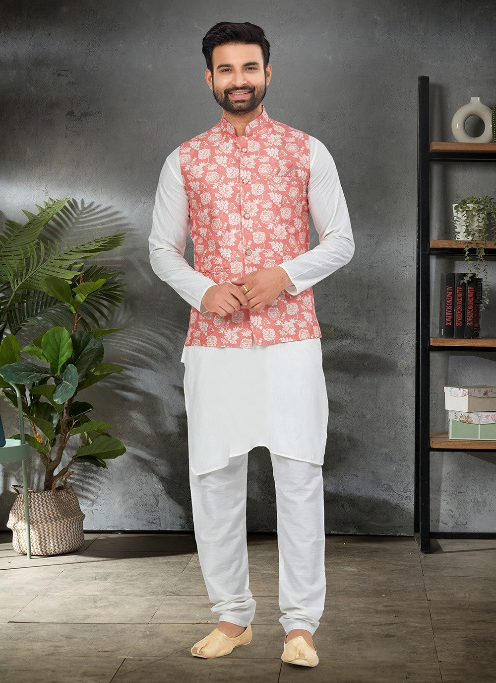 Digital Print Cotton , Silk Pink, White Kurta Payjama With Jacket - M6482