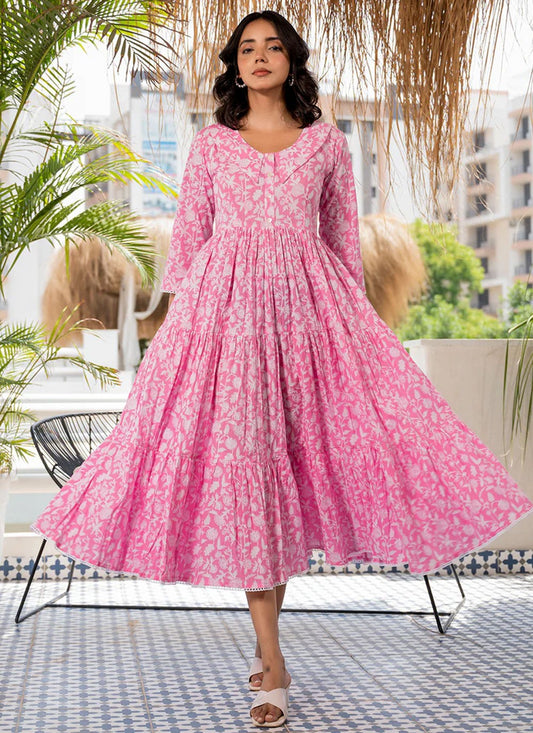 Floral Printed Cotton Pink Gown G1947