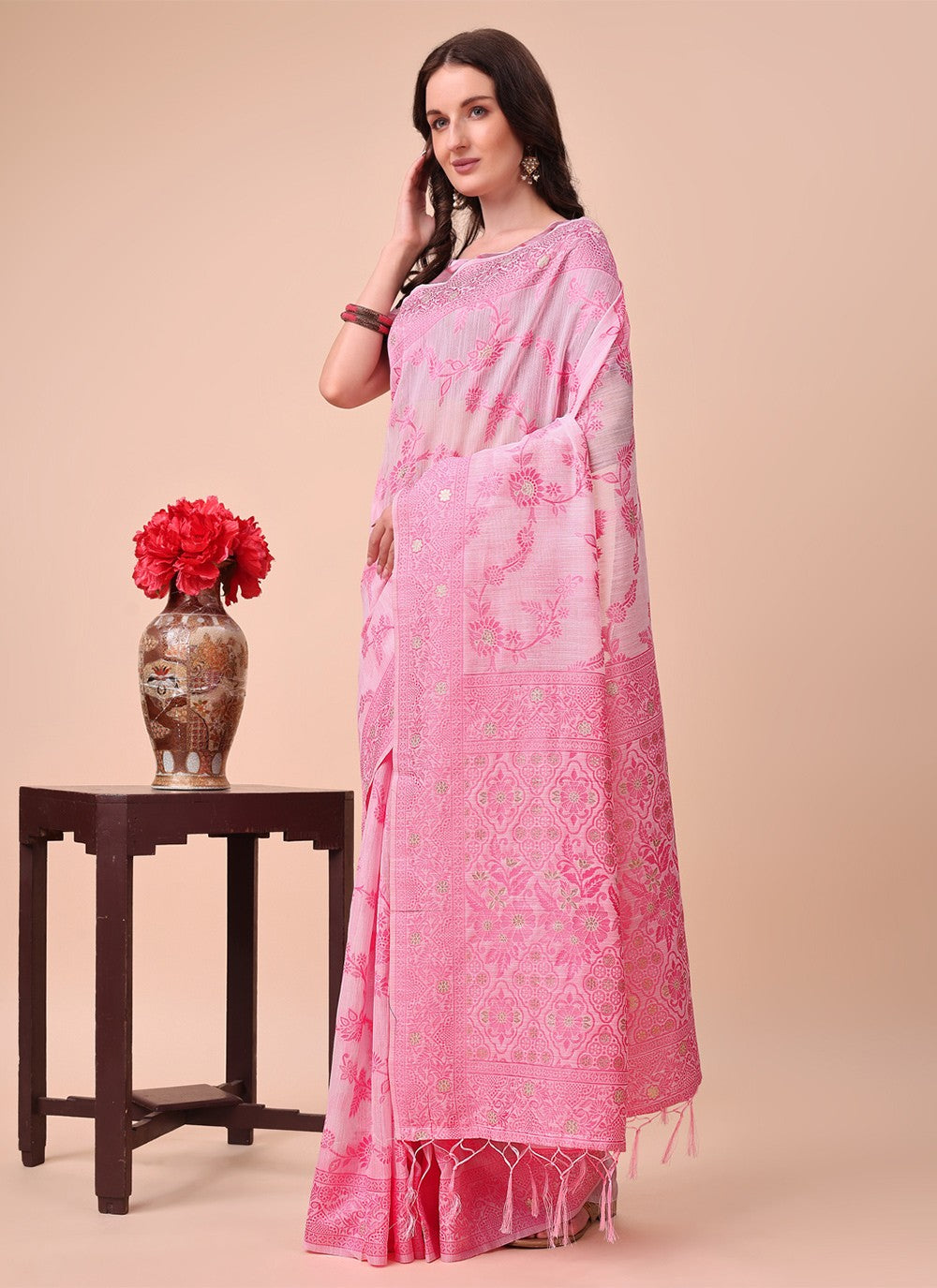 Weaving Zari Cotton Pink Classic Saree S15127