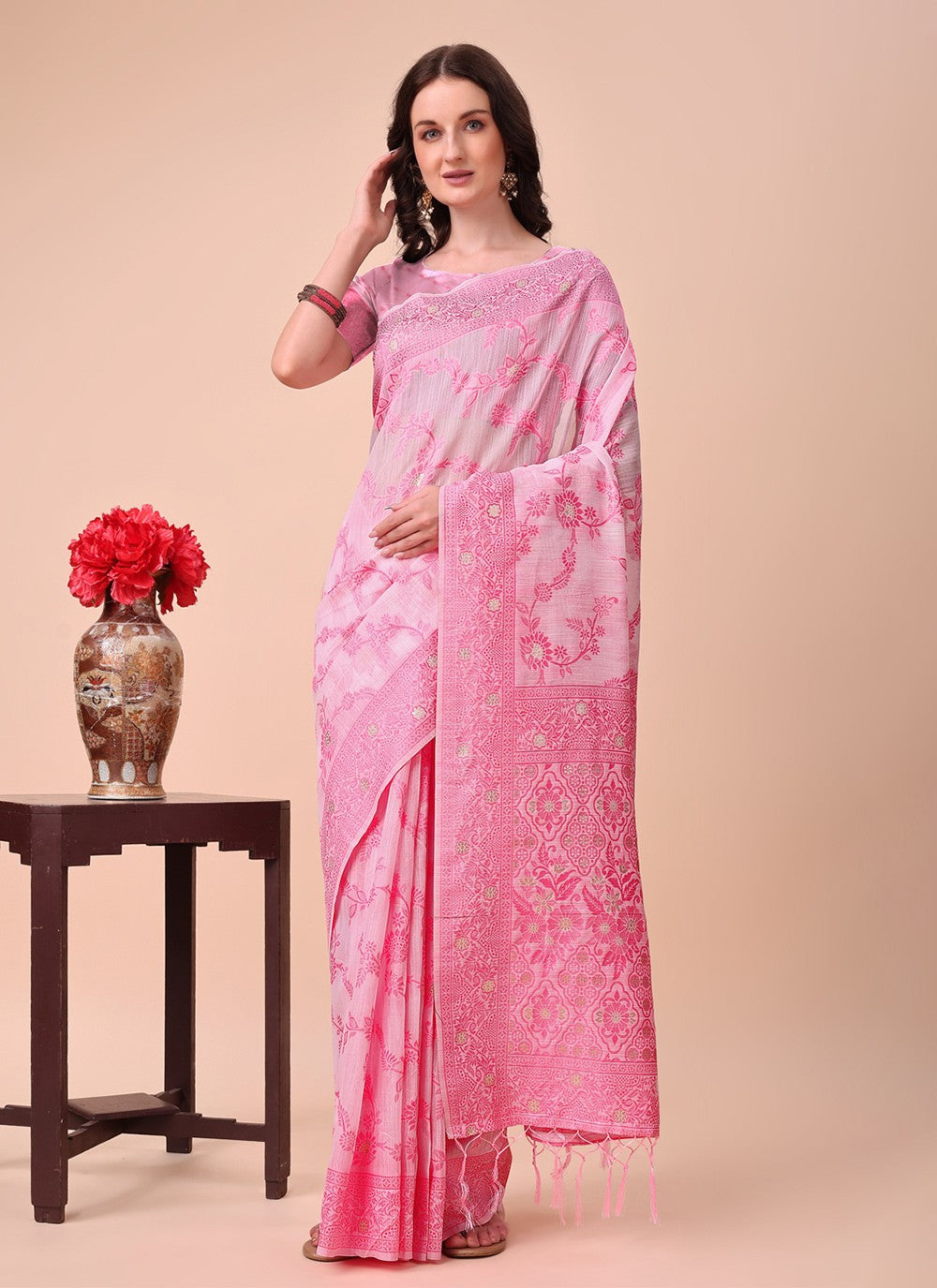 Weaving Zari Cotton Pink Classic Saree S15127
