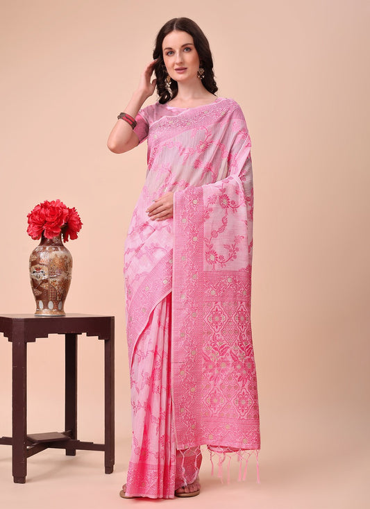 Weaving Zari Cotton Pink Classic Saree S15127