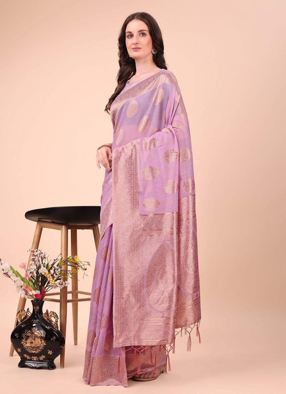 Woven Cotton Pink Trendy Saree S15155
