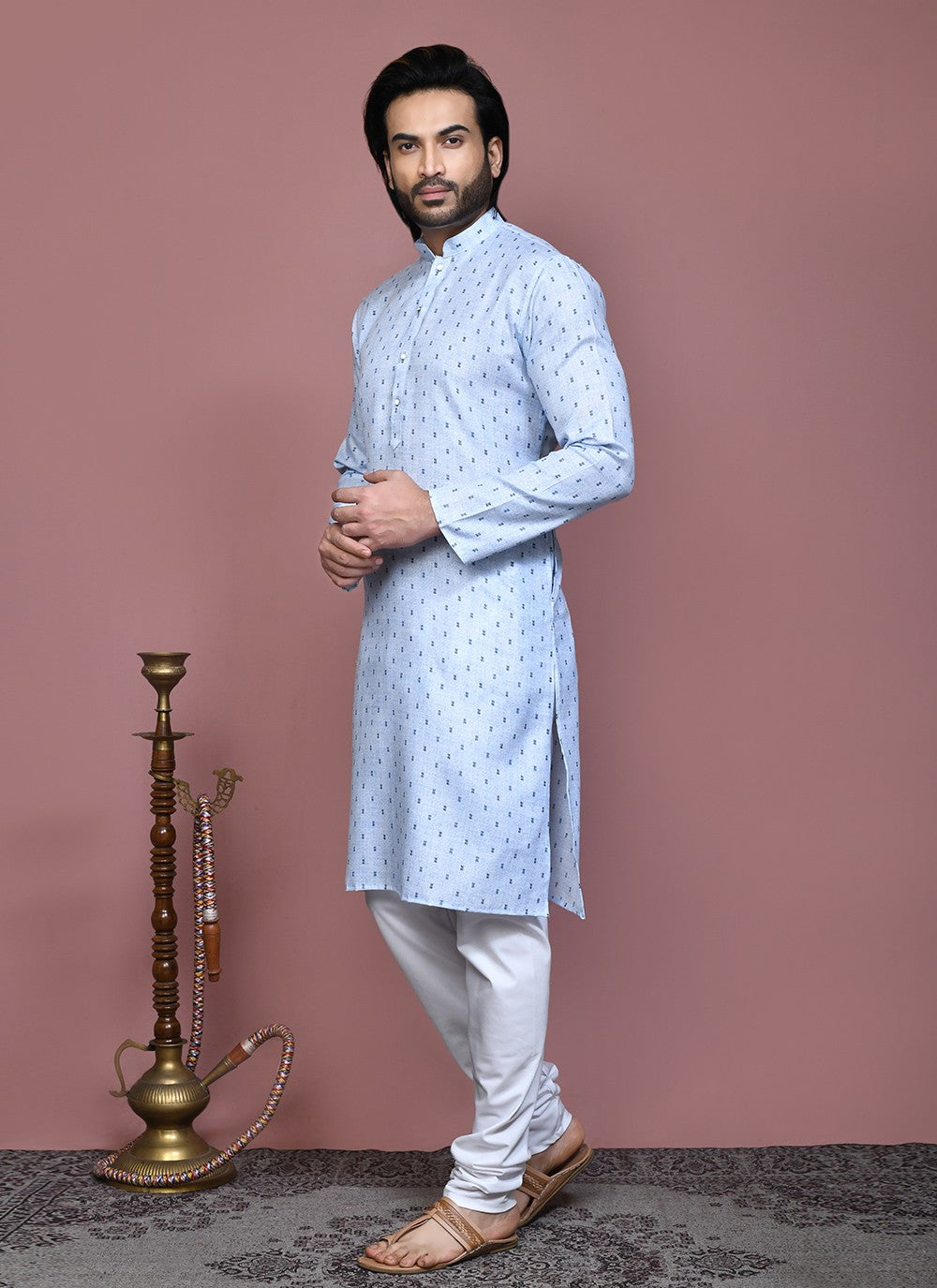 Printed Cotton Aqua Blue Kurta Pyjama - M7914