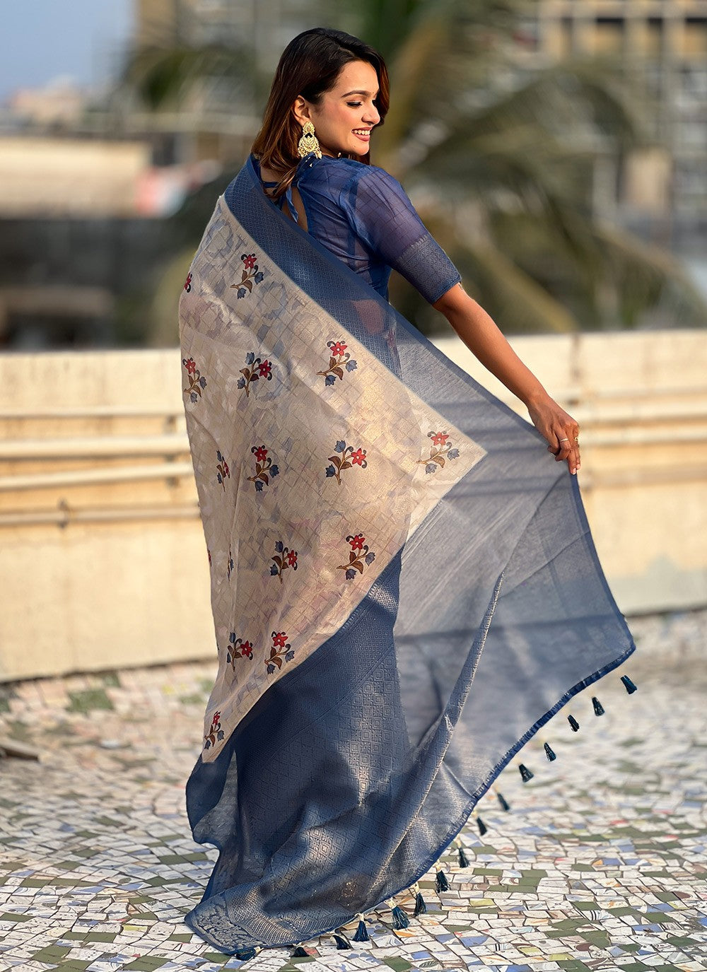 Printed Cotton Blue Saree S14212