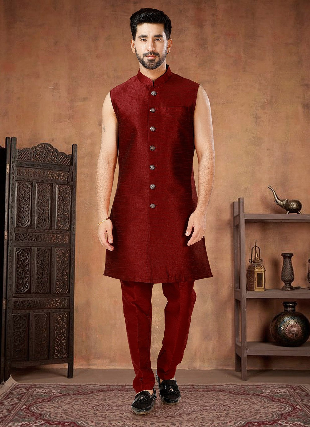 Fancy Work Cotton , Silk Maroon Indo Western - M7026