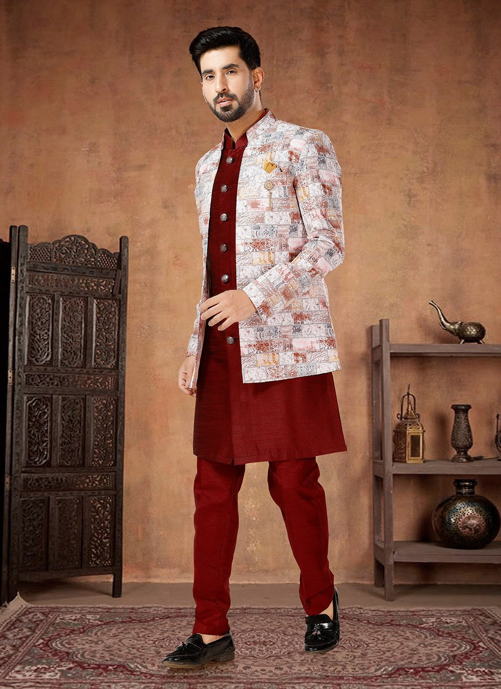 Fancy Work Cotton , Silk Maroon Indo Western - M7026