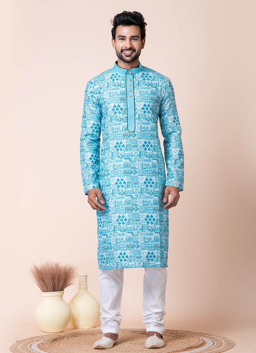 Printed Cotton Multi Colour Kurta Pyjama - M8580