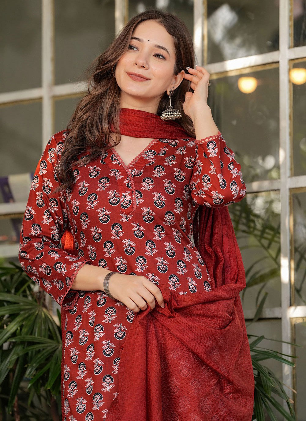 Printed Cotton Rust Pant Style Suit T6098