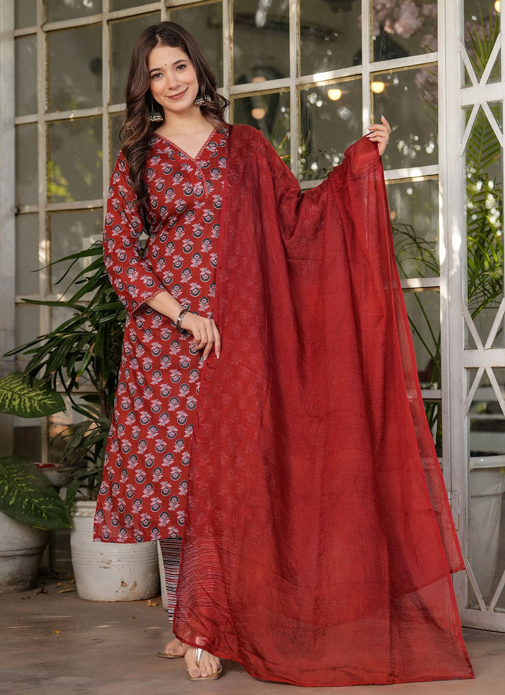 Printed Cotton Rust Pant Style Suit T6098