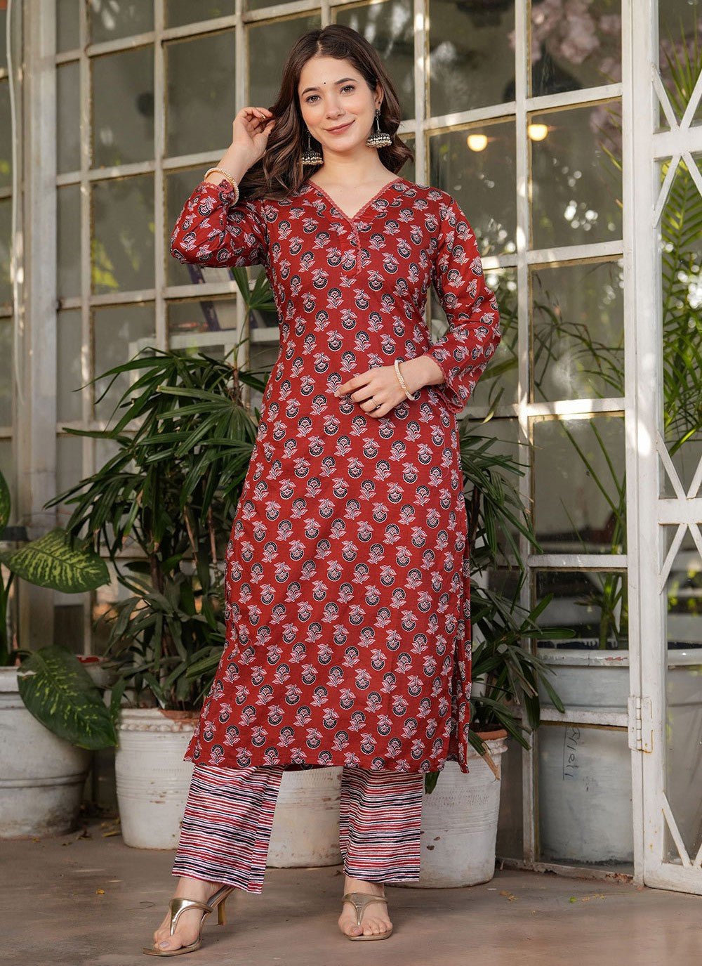 Printed Cotton Rust Pant Style Suit T6098