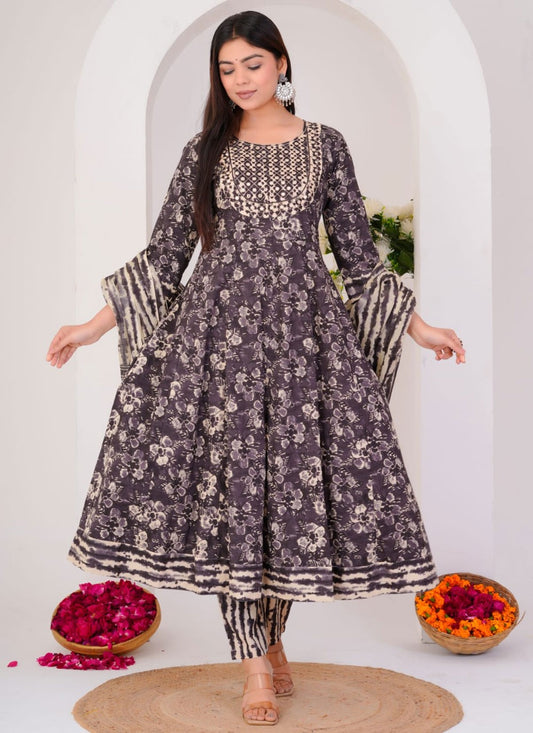 Salwar Suit Floral Printed Grey, Purple Cotton T5670
