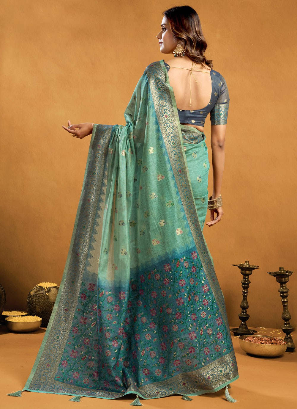 Sea Green Cotton Contemporary Saree Woven, Zari S17305