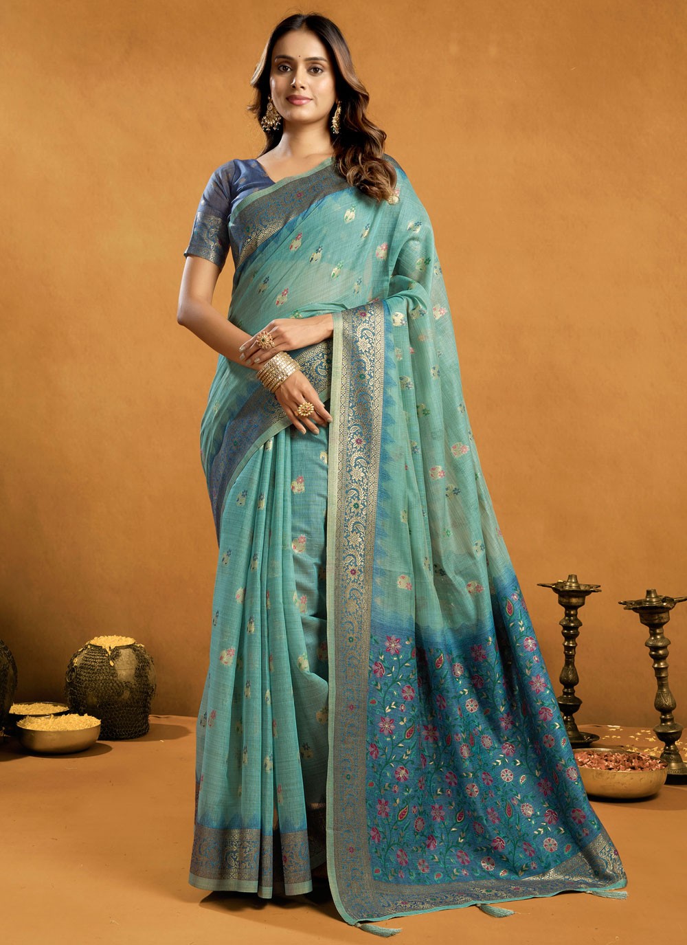 Sea Green Cotton Contemporary Saree Woven, Zari S17305