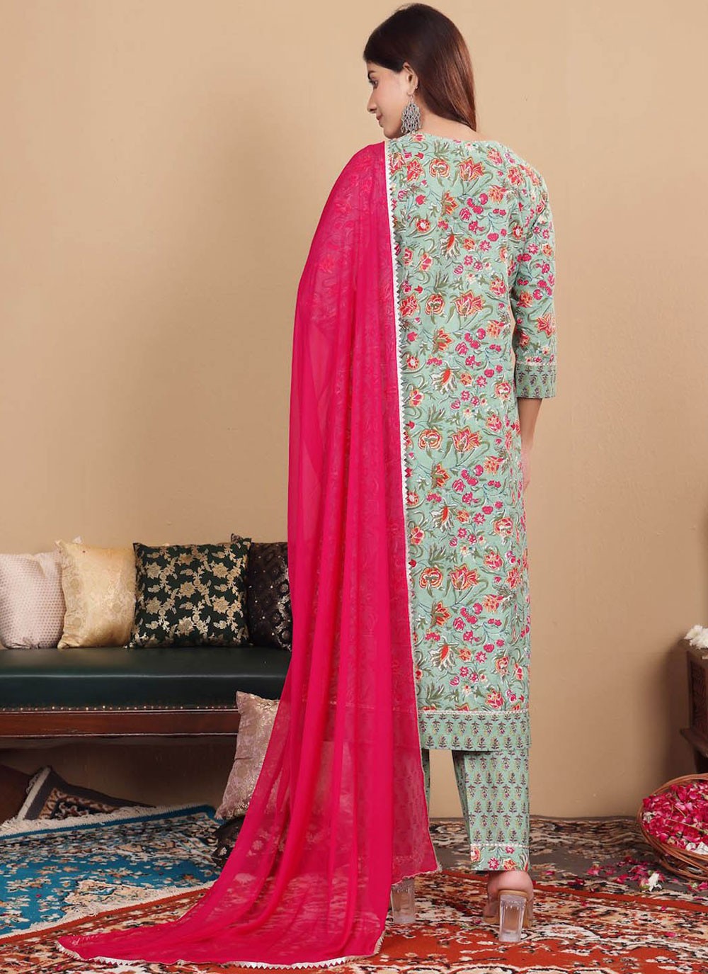 Salwar Suit Floral Printed Sea Green Cotton T5541