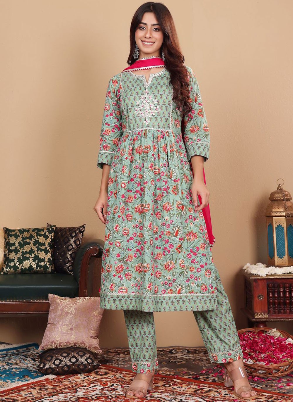 Salwar Suit Floral Printed Sea Green Cotton T5541