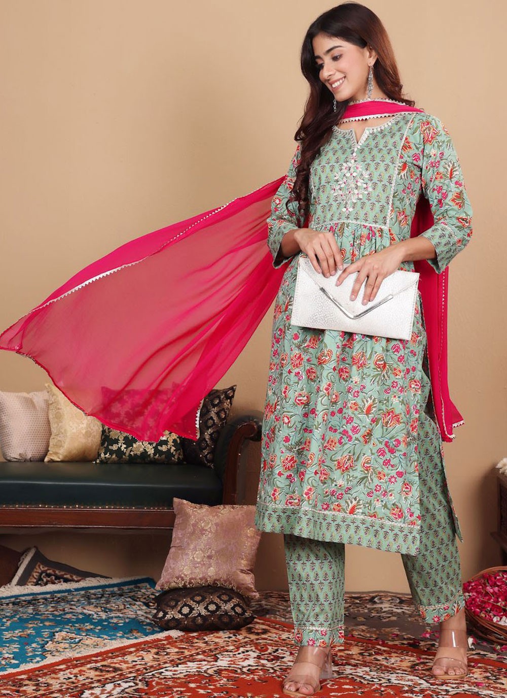 Salwar Suit Floral Printed Sea Green Cotton T5541