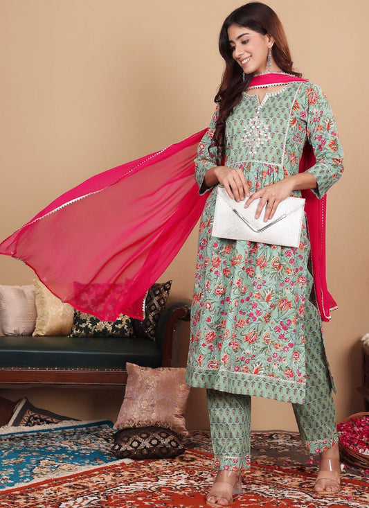 Salwar Suit Floral Printed Sea Green Cotton T5541