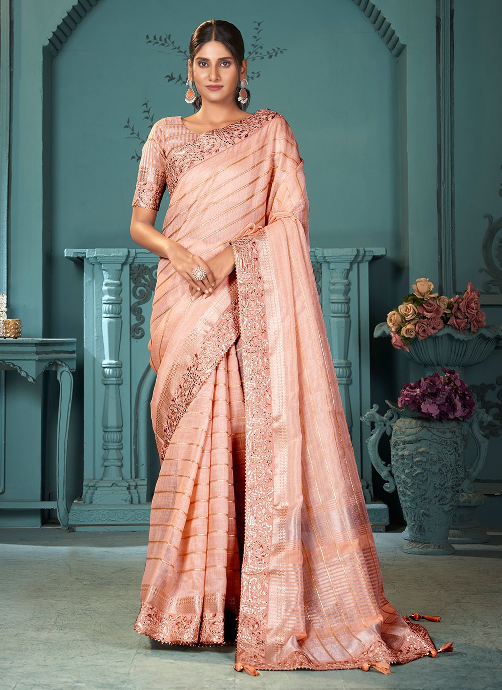 Classic Sequins Cotton , Linen Saree - S6818