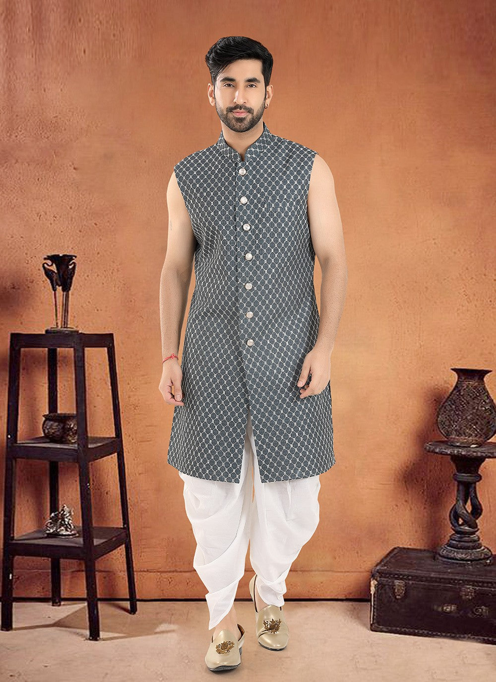 Embroidered Cotton Grey Sherwani - M8115