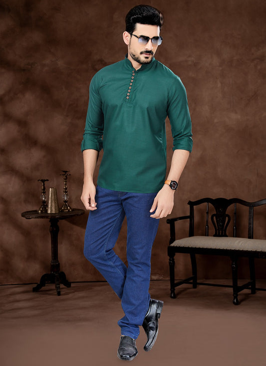 Plain Cotton Green Short Kurta - M6495