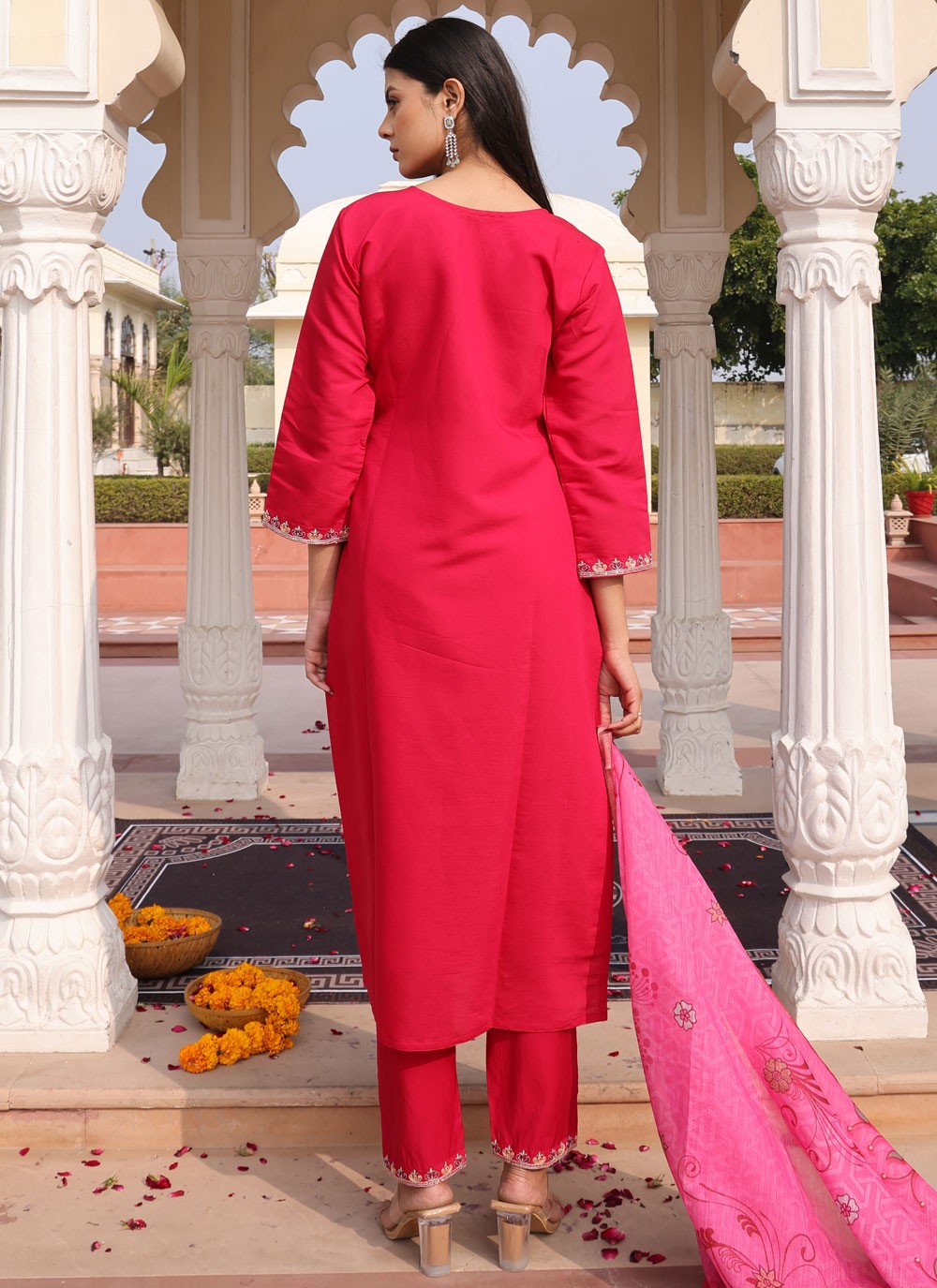 Salwar Suit Embroidered Pink Cotton Silk T5746