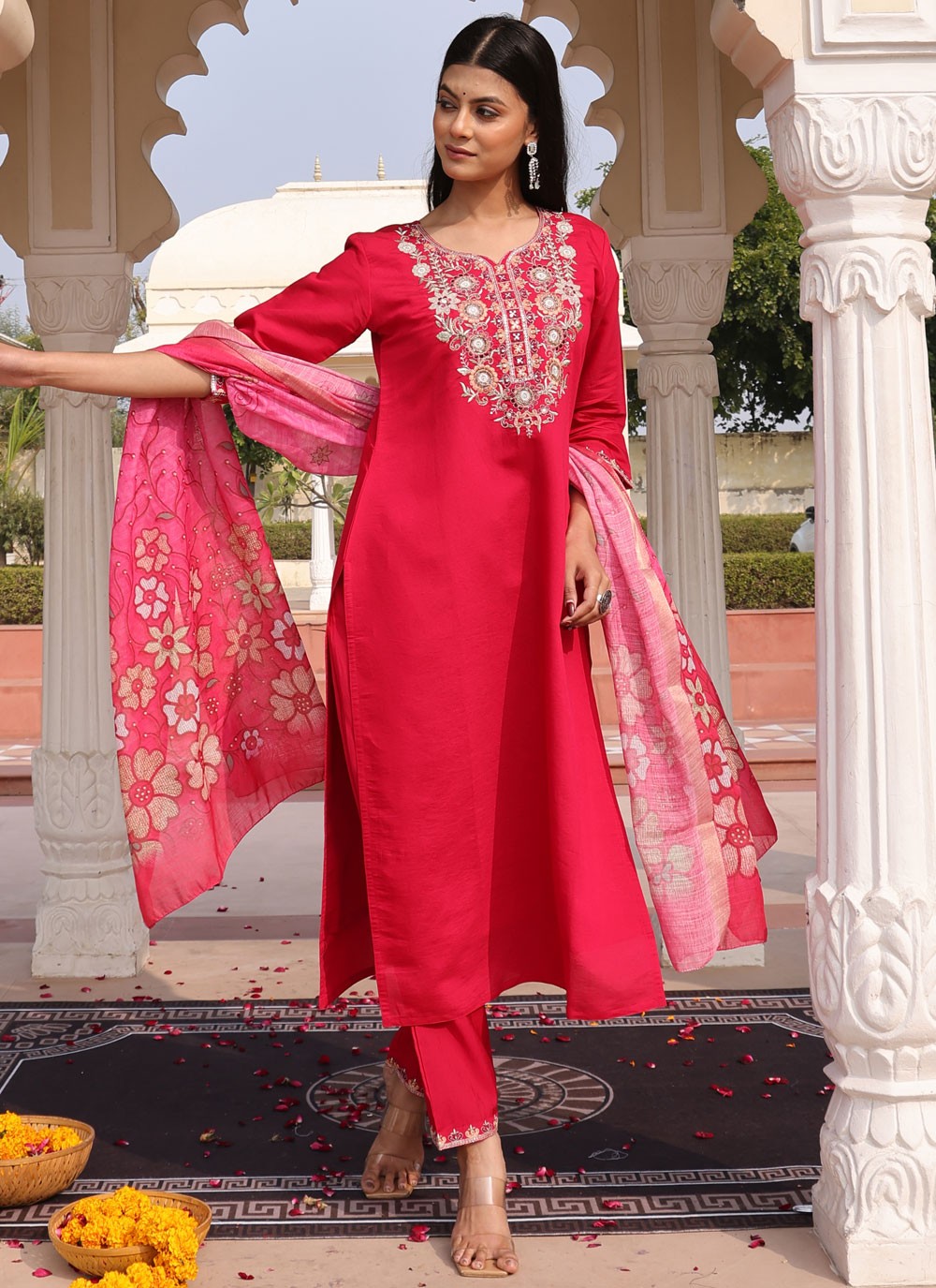 Salwar Suit Embroidered Pink Cotton Silk T5746